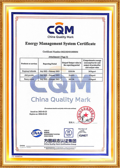 Sertifikat Sistem Manajemen Energi CQM diberikan kepada Shandong Jiahong Chemical, yang menegaskan komitmen perusahaan terhadap praktik energi berkelanjutan dalam produksi bahan kimia